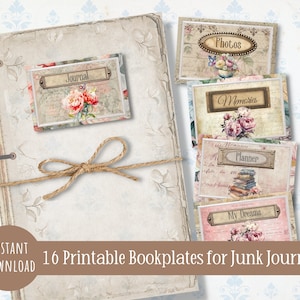 Junk Journal cover bookplates, 16 printable journal labels, vintage ephemera frames, scrapbooking embellishments