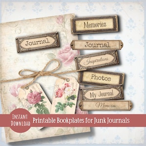 Junk journal bookplates, printable word sentiments, junk journal kit, scrapbooking embellishments, vintage ephemera