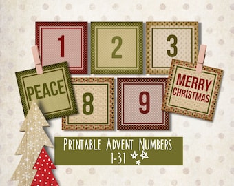 Chiffres du calendrier de l'Avent, taille 2", kit de calendrier de l'Avent DIY, étiquettes de compte à rebours de Noël imprimables, 24 jours de Noël, emballage de biscuits