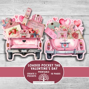 Etiquetas de bolso carregadas para o Dia dos Namorados, bolsos recheados para Junk Journal, scrapbooking, efêmeras de amor rosa