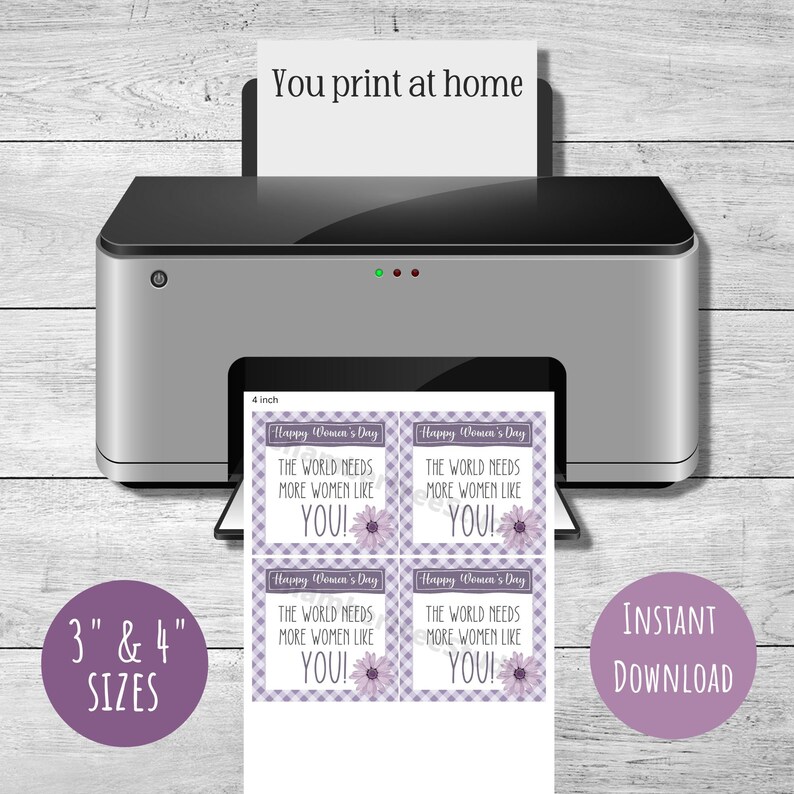 May include: Printable 3x4 inch cards with a purple and white checkered background. The cards feature the text "Happy Women's Day" and "The world needs more women like YOU!" with a purple flower graphic.
