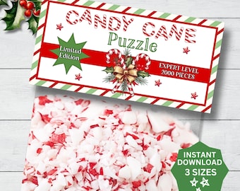 Puede incluir: Una etiqueta imprimible para un rompecabezas de bastón de caramelo. La etiqueta es roja, verde y blanca con un diseño de bastón de caramelo y el texto "Candy Cane Puzzle, Edición limitada, Nivel experto 2000 piezas".