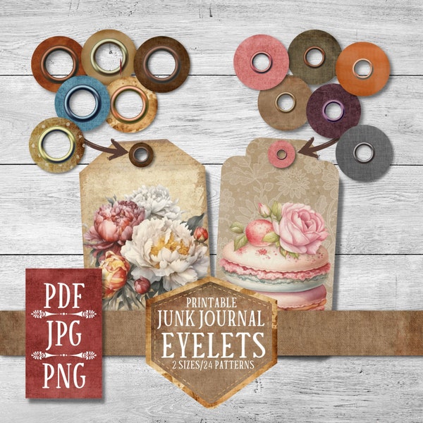 Junk Journal digital eyelets, decorative eyelets for tags, vintage textured digital grommets ephemera, paper eyelets