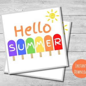 Tag quadrati Hello Summer, 2&quot;, 3&quot; e 4&quot;, tag cookie stampabili, tag regalo di fine anno scolastico, tag estivi, download istantaneo