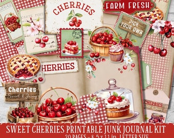 Cherry Junk Journal kit, sweet red cherries ephemera, digital scrapbook pages, printable cherries paper, fussy cuts embellishments