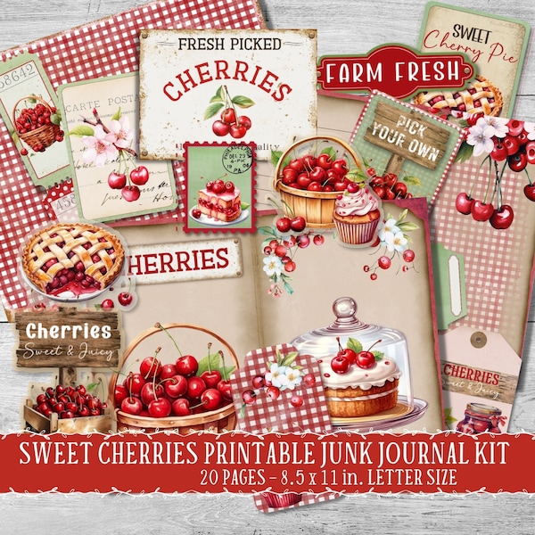 Cherry Junk Journal kit, sweet red cherries ephemera, digital scrapbook pages, printable cherries paper, fussy cuts embellishments