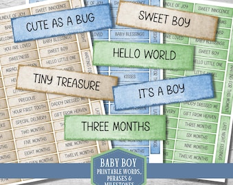 Baby boy words, printable word sentiments, vintage baby junk journal, baby scrapbook album, instant download, baby boy milestones