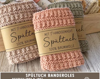 Printable Dishcloth Banderole – Labels for Crochet and Knitted Dishcloths, A4 Download 40 & 60 degrees Wash Instructions, German only