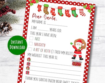 Carta a Papá Noel imprimible y lista de deseos navideños para niños, plantilla "Querido Papá Noel", lista de deseos, descarga instantánea