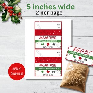 May include: Printable Christmas jigsaw puzzle labels. The labels are red with white stars and green holly. The text on the labels reads "Jigsaw Puzzle Christmas + Limited Edition + Expert Level". The labels are 5 inches wide and 2 per page.