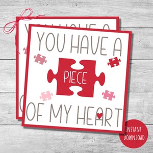 Valentijnsdag puzzel cadeaukaartjes, 2,5" en 3", je hebt een stukje van mijn hart, afdrukbare Valentijnsdagkaart, schattige Valentijn