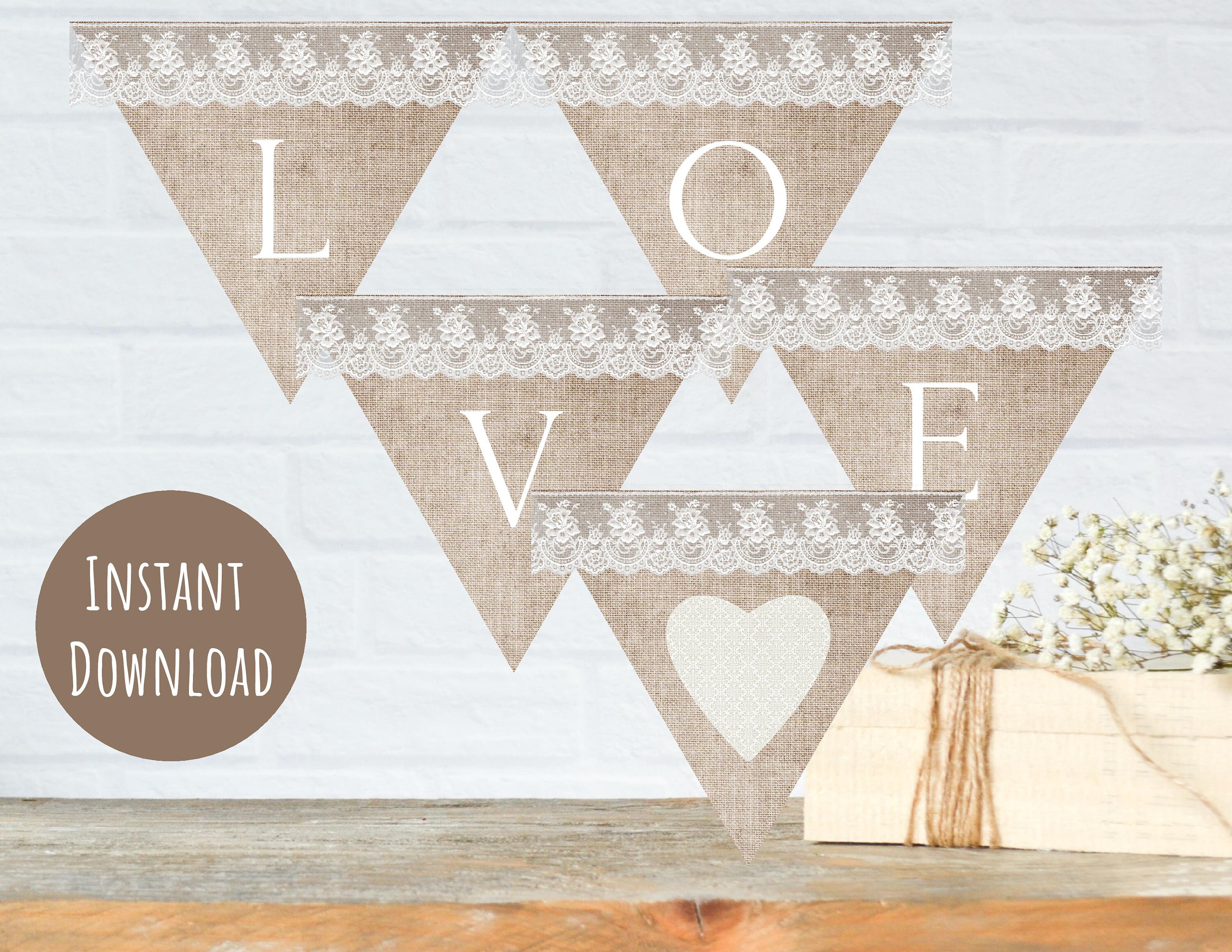 Printable Love Banner, Old Linen and Lace Banner, Bridal Shower Bunting, Wedding, Valentine's ...