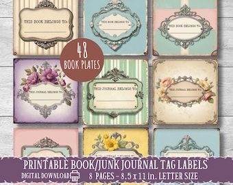 Vintage boeknaamlabels, boekplaten voor Junk Journals, versieringen voor dagboeken, 'dit boek is van', scrapbooking-ephemera