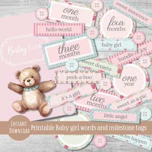 Mots pour bébé fille, mots imprimables pour bébé, journal indésirable pour bébé, album de scrapbooking pour bébé, téléchargement immédiat, étiquettes d'étape importante pour bébé