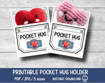 Pocket Hug Holder, pocket template, Valentine's Day, crochet knit heart card for craft market, printable PDF and JPG, gift for Mom, friend