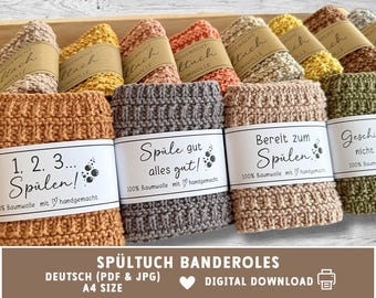 Dishcloth Banderole wrapper, crochet knitted dishcloths with funny sayings, printable download, A4, 40 and 60 degree wash label instructions