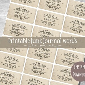 Junk journal words, printable word sentiments, junk journal kit, scrapbooking embellishments, vintage ephemera