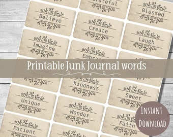 Junk journal words, printable word sentiments, junk journal kit, scrapbooking embellishments, vintage ephemera