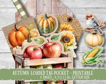 Herbstlicher Taschenanhänger, Herbst-Junk-Journal-Einsatz, Ephemera-Verzierungen, Äpfel, Kürbisse, Sonnenblumen