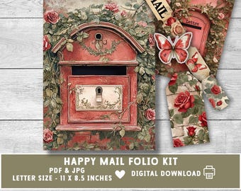 Happy Mail Folio Kit, Junk Journal Insert, Rustic Red Vintage Foldable Card, Loaded Pocket, Gift for Mom