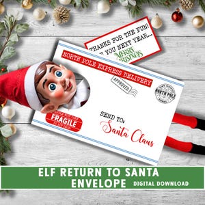 Sobre de regreso de elfo a Papá Noel, despedida de elfo de Navidad, correo del Polo Norte, sobre de devolución, entrega exprés, partida de elfo