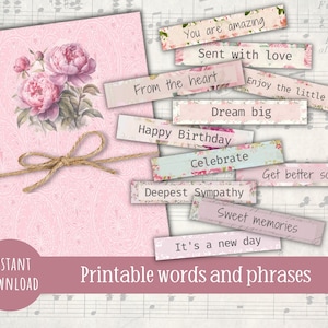 Junk journal words, printable word sentiments, digital word embellishments, scrapbooking ephemera, instant download, word snippets