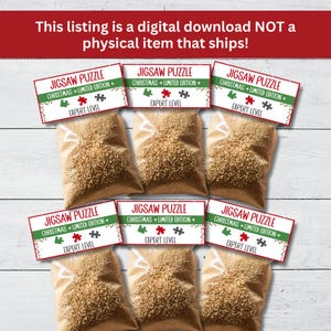 May include: Six small bags filled with brown sawdust, each with a red and green Christmas-themed label that reads "Jigsaw Puzzle Christmas + Limited Edition + Expert Level".
