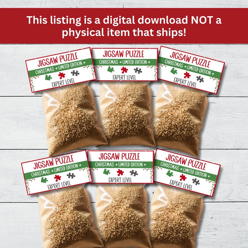 May include: Six small bags filled with brown sawdust, each with a red and green Christmas-themed label that reads "Jigsaw Puzzle Christmas + Limited Edition + Expert Level".