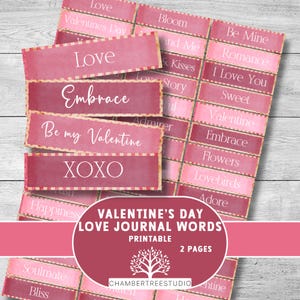 Valentines Day love journal words, printable junk journal tags, junk journal labels, scrapbooking embellishments, word sentiments