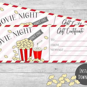 Movie Night Gift Certificate, Printable Movie Gift Voucher, Birthday ...