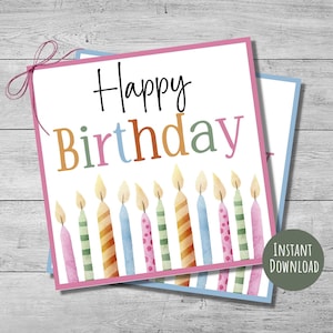 Alles Gute zum Geburtstag Geschenkanhänger, 3"und 4" Zoll Geburtstag Geschenkanhänger, Aquarell Kerzen, quadratische Kerzen, zum selbst ausdrucken, Geburtstagsgeschenk).