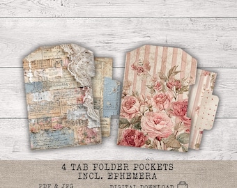 Junk Journal file tab pockets, floral junk journal ephemera, printable page inserts, Digital Download