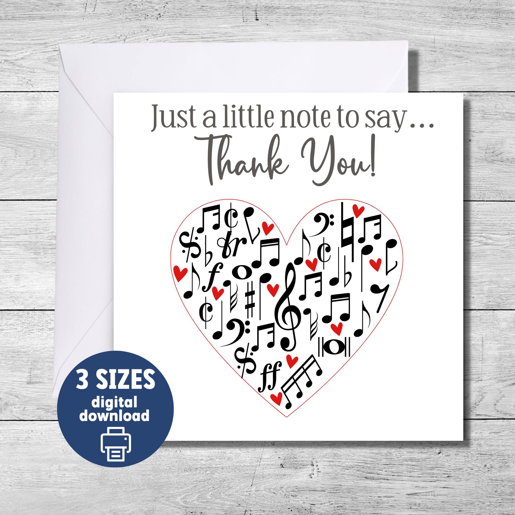 Music Teacher appreciation card, printable thank you for piano teacher, 3 sizes, Orchestra, Music Band, Choir, instant download
