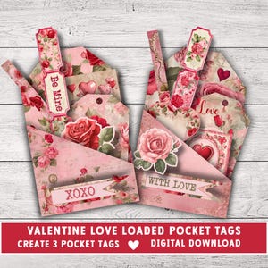 Etiquetas de bolsillo rellenas de San Valentín, bolsillos rellenos para Junk Journal, scrapbooking, efímeras de amor rosa