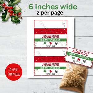 May include: Printable Christmas jigsaw puzzle labels. The labels are red and green with white stars and feature the text "Jigsaw Puzzle Christmas + Limited Edition + Expert Level".