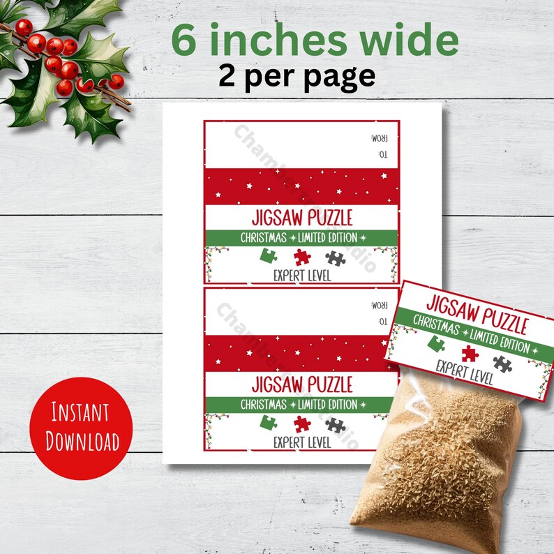 May include: Printable Christmas jigsaw puzzle labels. The labels are red and green with white stars and feature the text "Jigsaw Puzzle Christmas + Limited Edition + Expert Level".