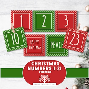 Números del calendario de Adviento, 1,5" y 2", kit de calendario de Adviento DIY, etiquetas de cuenta regresiva navideñas imprimibles, 25 días de Navidad, empaque de galletas