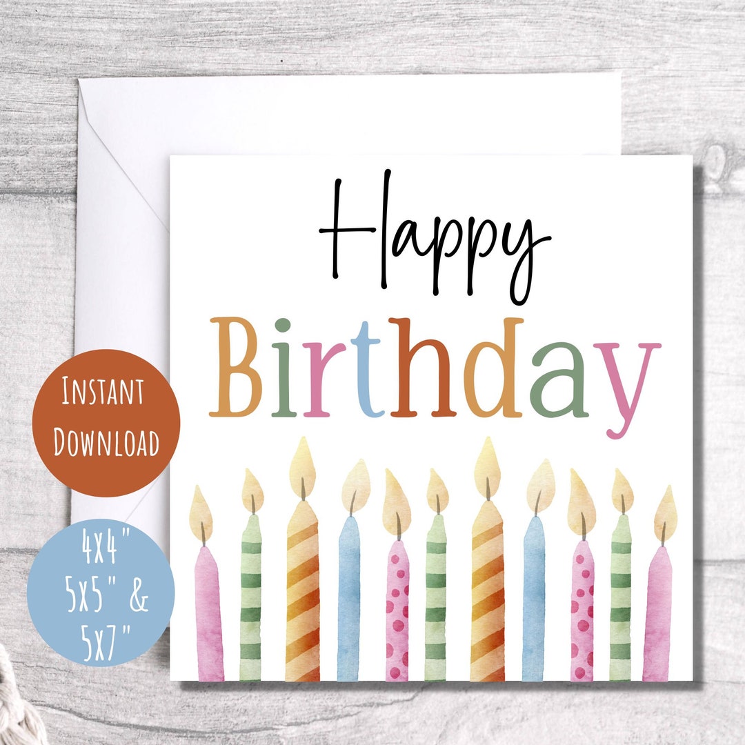 Birthday Gift Card, Printable Birthday Card, Watercolor Candles ...