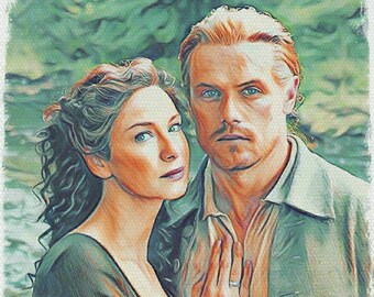 May include: A painting of a couple, a man with red hair and a woman with dark hair, standing close together. The man is wearing a light green shirt and the woman is wearing a dark green shirt. The woman's hand is on the man's chest and they are both looking at the viewer.