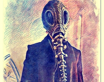 May include: A person wearing a dark blue coat and a vintage-style gas mask with a skeletal spine accessory. The background is a watercolor-style painting with shades of blue, pink, and yellow.