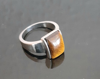 Statement Edelstahl Ring moderner Ring Tigerauge Größe 59