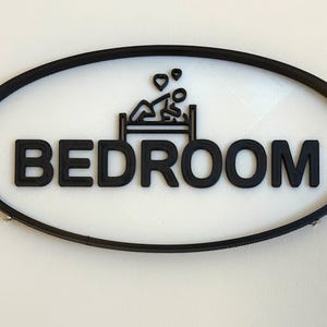 Könnte beinhalten: Schwarzes ovales Schild mit dem Wort „BEDROOM“ in fetten Buchstaben. Über dem Wort befindet sich eine Grafik eines Paares in einem Bett mit Herzen. Das Schild ist an einer weißen Wand befestigt.