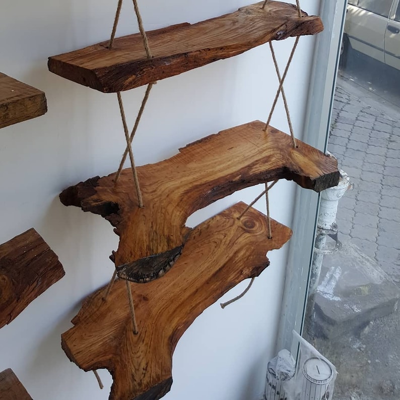 Live Edge Wooden Bookcase 3 Pieces Wall Shelf Natural Tree Etsy