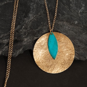 Bohemian Necklace, Brass Disc with Organic Texture and Brass Leaf with Patina Turquoise, Statement Lightweight Necklace,Valentine&#39;s day gift