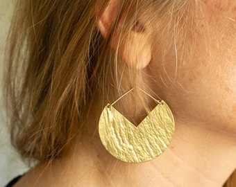 Modern Dangle Earring,Organic Texture Boho Brass Earring, shaped like a Pac-Man, Statement Earrings,Gold Plated Opt. Ethnic large Earring.