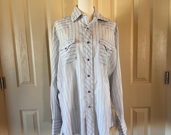 Vintage mens western button up shirt H bar c size large, retro cowboy shirt white blue stripes pearl buttons long tail ranch wear rodeo wear