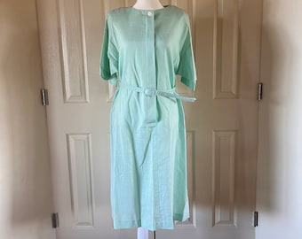 Vestido com cinto dos anos 80 e 40: manga curta verde/azul vintage, tamanho G