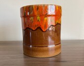 Vintage 70s pottery dripping glaze plant pot or kitchen utensil holder. 70s orange and brown glaze marked 170CB 70s pottery decor planter