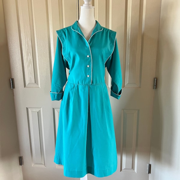 Vintage Willi of California Hemdkleid, Kellnerinnenkleid, petrol mit Taschen 80er bis 50er Jahre großes Herbstkleid