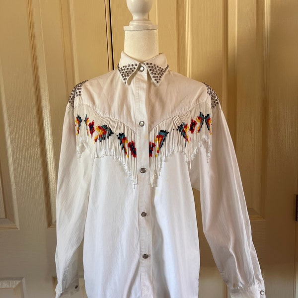 Pia rucci Vintage Damen verzierte Western Bluse mit Nietenbesatz aus weißer Baumwolle mit Perlenstickerei Rodeo 80er 90er